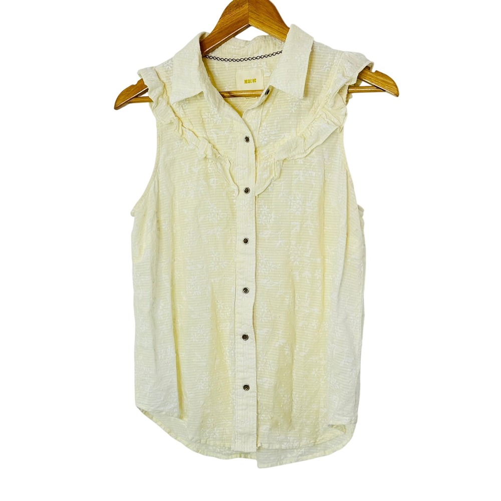 Maeve Anthropologie Floral Embroidered Ruffle Sleeveless‎ Button Up Shirt